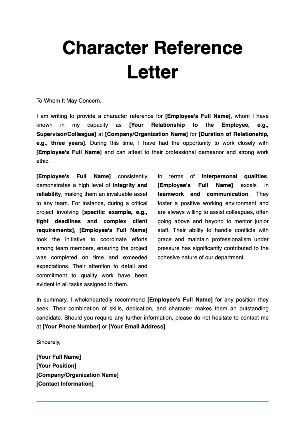 Body of character reference letter template with placeholder text_variant_1